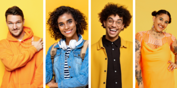 Retratos de quatro pessoas diversas em frente a um fundo amarelo, simbolizando diferentes estilos comportamentais e de personalidade.