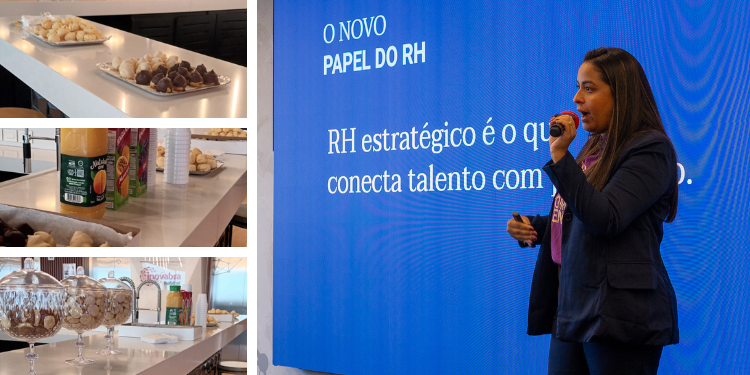 Montagem com quatro imagens: três mostram o coffee break com sucos, doces e petiscos dispostos em bancadas; a quarta exibe Nathália Bragança em frente a uma tela azul, falando ao microfone sobre o papel estratégico do RH.