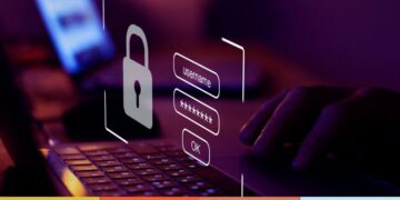 Pessoa digitando em laptop com ícone de cadeado e campos de login projetados na tela, simbolizando segurança digital para evitar vagas falsas e proteger dados em processos seletivos.