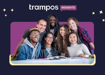 Grupo diverso de jovens sorrindo em ambiente de estudo, representando colaboração e aprendizagem, com identidade visual da trampos Insights.