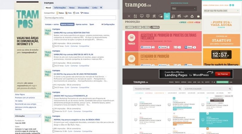 Evolução da plataforma trampos: das primeiras versões do site às interfaces modernas de publicação e busca de vagas.