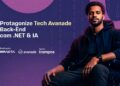 Um homem negro em uma cadeira de rodas olhando para a câmera, com o texto: Protagonize Tech Avanade Back-End com .NET e IA. Logos da Impacta, Avanade e trampos.